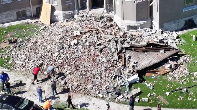 Bricks and debris in front of Centennial Christian Church.